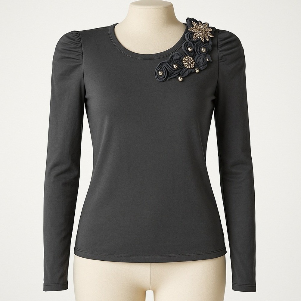 Y2K Rhinestone Studded Whimsigoth Long Sleeve Top‎ Size S Black Floral Applique